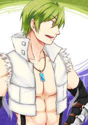 Rule 34 | 1boy, abs, aura, bio lab, black gloves, commentary request, crop top, dated, gauntlets, gloves, green hair, hair between eyes, howard alt-eisen, jewelry, kuzuki (ray), looking to the side, male focus, necklace, open clothes, open mouth, open shirt, ragnarok online, red eyes, shirt, short hair, solo, suspenders, torn clothes, torn shirt, twitter username, upper body, white shirt, whitesmith (ragnarok online)