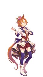 Rule 34 | 1girl, ;), animal ears, choker, crown, hand on own chest, highres, horse ears, horse girl, horse tail, jacket, long sleeves, looking at viewer, midriff, mini crown, one eye closed, orange hair, purple eyes, purple thighhighs, red shorts, shorts, simple background, smile, solo, starting future (umamusume), t.m. opera o (umamusume), tail, thigh strap, thighhighs, transparent background, umamusume, white jacket