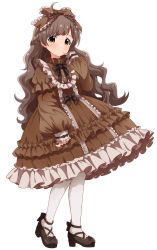 Rule 34 | 1girl, ahoge, black bow, boots, bow, brown bow, brown dress, brown footwear, brown hair, collar, dot mouth, dress, finger to mouth, frilled bow, frilled collar, frilled dress, frills, goma konbu, hair bow, hair ornament, hakozaki serika, hand up, high heel boots, high heels, highres, idolmaster, idolmaster million live!, lolita fashion, long hair, long sleeves, looking at viewer, necktie, orange eyes, platform footwear, platform heels, puffy sleeves, simple background, solo, sweet lolita, thighhighs, wavy hair, white background, white thighhighs