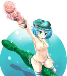Rule 34 | 1girl, armpits, bad id, bad pixiv id, between breasts, blue eyes, blue hair, breasts, ewokakukotosuki, female focus, hair bobbles, hair ornament, hat, kawashiro nitori, large breasts, matching hair/eyes, navel, nipples, panties, panties only, sex toy, solo, thighhighs, thong, topless, touhou, turutu, two side up, underwear, underwear only, vibrator, white thighhighs