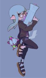 Rule 34 | 1girl, black leggings, black sweater, blue hair, closed mouth, commentary, full body, gladiator sandals, grey eyes, gun, holding, holding gun, holding weapon, imaikuy0, inkling, inkling girl, inkling player character, leggings, long hair, looking at viewer, nintendo, pointy ears, purple background, round eyewear, sandals, simple background, solo, splat bomb (splatoon), splatoon (series), splatoon 3, splattershot jr (splatoon), standing, standing on one leg, sweater, symbol-only commentary, tentacle hair, weapon, yellow-framed eyewear
