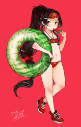 Rule 34 | 1girl, alternate costume, bare shoulders, bikini, black hair, blush, breasts, brown eyes, closed mouth, collarbone, commentary request, food, fruit, hair between eyes, hair ornament, hair ribbon, halterneck, high ponytail, highres, holding, holding food, holding swim ring, innertube, kantai collection, long hair, looking at viewer, melon, multi-tied hair, navel, nisshin (kancolle), red ribbon, ribbon, see-through, short eyebrows, simple background, small breasts, solo, standing, swim ring, swimsuit, thick eyebrows, toka (marchlizard), very long hair, visor cap, watermelon