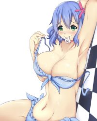 Rule 34 | 10s, 1girl, alternate breast size, amagi brilliant park, aqua hair, armpits, bikini, blue bikini, blue hair, blush, breasts, character name, cleavage, female focus, green eyes, groin, large breasts, looking at viewer, mouth hold, muse (amaburi), navel, short hair, smile, solo, sweat, swimsuit, thighs, wangphing