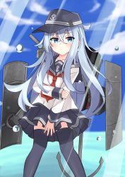 Rule 34 | 1girl, anchor, anchor symbol, bad id, bad twitter id, black sailor collar, black skirt, black thighhighs, blue eyes, blue sky, cloud, day, feet out of frame, flat cap, hat, hibiki (kancolle), highres, kantai collection, long hair, long sleeves, looking at viewer, machinery, neckerchief, outdoors, pleated skirt, red neckerchief, sailor collar, school uniform, senx, serafuku, silver hair, skirt, sky, solo, standing, thighhighs