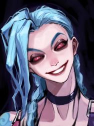 Rule 34 | 1girl, black background, black choker, braid, choker, cloud tattoo, d (xxl30433461), green hair, grin, highres, jinx (league of legends), league of legends, long hair, looking at viewer, pink eyes, portrait, red lips, shoulder tattoo, smile, solo, tattoo, teeth, twin braids, twintails