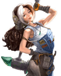 Rule 34 | 1girl, absurdres, ass, bare arms, bare shoulders, belt, black gloves, brown hair, commentary request, cowboy shot, dreadlocks, earrings, forehead, freckles, gloves, goggles, hammer, hand on own hip, head tilt, heo sung-moo, highres, holding, holding hammer, jewelry, leaning back, lips, long hair, looking at viewer, multicolored hair, necklace, off shoulder, original, overalls, pouch, screwdriver, shadow, shirt, simple background, sleeveless, solo, teeth, toned, two-tone hair, white background, white hair, white shirt