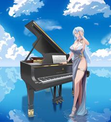 Rule 34 | 1girl, absurdres, blue hair, blue sky, braid, breasts, bridal garter, cloud, crown braid, dress, ds, earrings, evening gown, goddess of victory: nikke, grand piano, helm (nikke), high heels, highres, instrument, jewelry, large breasts, legs, necklace, no panties, piano, revealing clothes, sandals, shallow water, sky, solo, strappy heels, toes, water