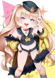 Rule 34 | 1girl, azur lane, bache (azur lane), bandaid, bandaid on knee, bandaid on leg, black sailor collar, child, clothing aside, collar, cutoffs, fishnet thighhighs, fishnets, fur-trimmed jacket, fur trim, hand on own hip, heart, heart-shaped pupils, highres, jacket, kirisame mia, looking at viewer, loose socks, micro shorts, ok sign, open clothes, open fly, open shorts, pink collar, ribbed legwear, sailor collar, shorts, shorts aside, single thighhigh, socks, solo, spoken heart, symbol-shaped pupils, thighhighs, wavy hair, yellow jacket