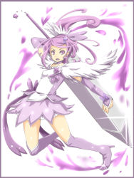 Rule 34 | 1girl, :o, arm warmers, asymmetrical clothes, boots, brooch, choker, cure sword, curly hair, detached sleeves, dokidoki! precure, dress, earrings, fingerless gloves, framed, gloves, hair ornament, hairclip, half updo, heart, heart brooch, high heels, jewelry, kasetsu, kenzaki makoto, knee boots, kneehighs, looking at viewer, magical girl, name connection, object namesake, open mouth, ponytail, precure, purple dress, purple eyes, purple footwear, purple hair, purple skirt, purple socks, purple theme, ribbon, short hair, skirt, socks, solo, spade hair ornament, sword, toei animation, weapon, white background