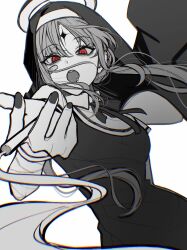 1girl bandaged_arm bandages bandaid bandaid_on_cheek bandaid_on_face cigarette facial_mark forehead_mark greyscale habit hair_between_eyes highres holding holding_cigarette kamippoina_(vocaloid) long_hair looking_at_viewer monochrome neck_ribbon nun open_mouth piercing red_eyes ribbon sapoisfree simple_background solo spot_color tongue_piercing vocaloid white_background