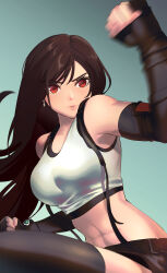 Rule 34 | 1girl, abs, absurdres, armpits, bare shoulders, black footwear, black gloves, black shorts, boots, breasts, brown hair, closed mouth, crop top, earrings, elbow gloves, final fantasy, final fantasy vii, fingerless gloves, gloves, green background, highres, jewelry, ling luo xi yang, lips, long hair, looking at viewer, medium breasts, muscular, muscular female, red eyes, shirt, shorts, single earring, sleeveless, sleeveless shirt, solo, suspenders, thigh boots, tifa lockhart, white shirt