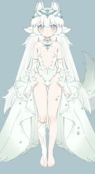 Rule 34 | 1girl, animal ear fluff, animal ears, arms at sides, bare shoulders, barefoot, blue background, blue eyes, blush, breasts, bridal gauntlets, bridal legwear, center opening, closed mouth, collarbone, expressionless, feet, full body, gluteal fold, headpiece, highres, long hair, looking at viewer, navel, nemo (leafnight), nipples, no shoes, original, revealing clothes, showgirl skirt, simple background, small breasts, solo, standing, straight-on, tail, tail raised, thigh gap, toes, very long hair, white hair, wolf ears, wolf girl, wolf tail