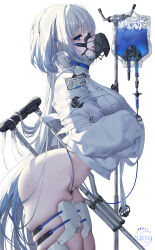 Rule 34 | 1girl, absurdres, artist logo, ass, barcode, belt, blue eyes, blue liquid, breasts, chest strap, crescent, crutch, from side, grey hair, highres, id card, intravenous drip, iv stand, jacket, lips, long hair, muzzle, navel, original, parted lips, skindentation, straitjacket, subong, thighs, very long hair, white belt, white jacket
