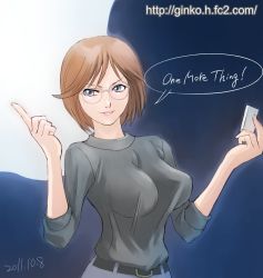 Rule 34 | 1girl, 2011, apple inc., bad id, bad pixiv id, blue eyes, breasts, brown hair, dated, digital media player, genderswap, genderswap (mtf), ginko (silver fox), impossible clothes, impossible shirt, ipod, large breasts, pointing, real life, shirt, short hair, smile, solo, steve jobs, watermark, web address