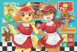 Rule 34 | 2girls, animal ears, apron, blue background, braid, brown eyes, brown fur, burger, checkered background, cherry, cowboy shot, drink, fang, food, french fries, fruit, furry, furry female, hair ribbon, hand on own hip, highres, holding, holding food, looking at viewer, multiple girls, no humans, open mouth, original, paw print, pixiv id, po! (popoemo), ponytail, poster (object), ribbon, tail, visor cap, waitress, waitress uniform, watermark, yellow eyes, yellow fur