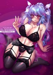 Rule 34 | 1girl, artist name, bare shoulders, black bra, black panties, black thighhighs, blue hair, bra, breasts, cleavage, closed mouth, collarbone, commentary, english commentary, full body, garter belt, garter straps, gluteal fold, gradient hair, heart, heart-shaped pupils, highres, huge breasts, i-19 (kancolle), kantai collection, licking lips, lingerie, looking at viewer, multicolored hair, navel, on bed, osiimi, panties, patreon username, purple hair, solo, steam, symbol-shaped pupils, thighhighs, tongue, tongue out, twintails, twitter username, underwear, v, water, watermark, web address