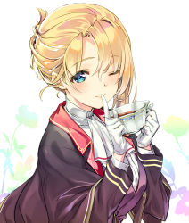 Rule 34 | 1girl, ;), agent (ash arms), ascot, ash arms, black jacket, black vest, blonde hair, blue eyes, closed mouth, commentary, cup, dress shirt, finger to mouth, gloves, high collar, holding, holding cup, ichimasa game, jacket, leaning forward, long sleeves, looking at viewer, one eye closed, shirt, short hair, shushing, sidelocks, sitting, smile, solo, spitfire (ash arms), teacup, vest, white ascot, white background, white gloves, white shirt