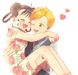 Rule 34 | 1boy, 1girl, :d, ^ ^, alphonse elric, animal, animal on shoulder, ankle strap, arms around neck, bare legs, beige dress, black hair, blonde hair, blue shirt, blush, braid, breasts, carrying, cheek-to-cheek, china dress, chinese clothes, closed eyes, collared shirt, double bun, dress, dress shirt, eyelashes, fingernails, floral print, fullmetal alchemist, grey vest, gumi (30155016), hair bun, hand on another&#039;s waist, happy, heads together, heart, high collar, highres, legs together, long hair, looking at another, may chang, necktie, one eye closed, open mouth, panda, princess carry, shirt, short dress, simple background, small breasts, smile, standing, striped neckwear, swept bangs, tareme, twin braids, upper body, vest, white background, xiao-mei, yellow eyes