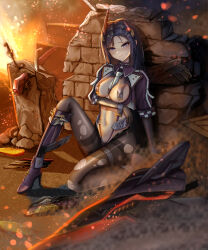 1girl absurdres arm_support arm_under_breasts armored_boots black_garter_straps black_pantyhose blue_eyes blush boots breast_curtains breasts cleavage closed_mouth commentary_request cropped_jacket elbow_gloves eyeshadow fire full_body garter_straps gloves goddess_of_victory:_nikke highres jacket kaminoringo knee_boots lance large_breasts long_hair looking_at_viewer makeup navel neckerchief open_clothes open_jacket original outdoors pantyhose parted_hair polearm purple_footwear purple_hair purple_jacket red_eyeshadow rubble shadow sidelocks sitting skindentation solo stomach thigh_strap thighband_pantyhose torn_clothes torn_gloves torn_pantyhose weapon white_neckerchief wrist_cuffs