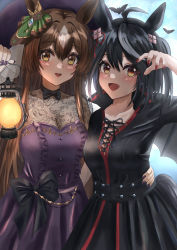 Rule 34 | 2girls, :d, absurdres, ahoge, aimi (tikichin0229), animal ears, arm up, black bow, black dress, black hair, black neckwear, blush, bow, bowtie, breasts, brown eyes, brown hair, center frills, cleavage, collarbone, commentary request, dress, fang, frills, grey wings, hair between eyes, hair ornament, highres, holding, holding lantern, horse ears, horse girl, horse tail, kitasan black (umamusume), lantern, long hair, looking at viewer, medium breasts, multicolored hair, multiple girls, nail polish, open mouth, pleated dress, purple dress, purple nails, red eyes, red nails, satono diamond (umamusume), see-through, smile, tail, teeth, two-tone hair, two side up, umamusume, upper teeth only, very long hair, white hair, wings