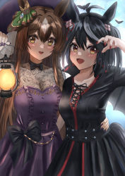 Rule 34 | 2girls, :d, absurdres, ahoge, aimi (tikichin0229), animal ears, arm up, black bow, black dress, black hair, black neckwear, blush, bow, bowtie, breasts, brown eyes, brown hair, center frills, cleavage, collarbone, commentary request, dress, fang, frills, grey wings, hair between eyes, hair ornament, highres, holding, holding lantern, horse ears, horse girl, horse tail, kitasan black (umamusume), lantern, long hair, looking at viewer, medium breasts, multicolored hair, multiple girls, nail polish, open mouth, pleated dress, purple dress, purple nails, red eyes, red nails, satono diamond (umamusume), see-through clothes, smile, tail, teeth, two-tone hair, two side up, umamusume, upper teeth only, very long hair, white hair, wings