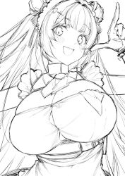Rule 34 | 1girl, antenna hair, apron, belt, black belt, black dress, blush, breasts, cleavage, dress, frilled apron, frills, goddess of victory: nikke, graphite (medium), greyscale, hair ornament, hairclip, huge breasts, long hair, looking at viewer, maid headdress, mole, mole on breast, monochrome, mushi024, open mouth, raised eyebrows, simple background, soda (nikke), solo, teeth, traditional media, upper teeth only, very long hair, white apron