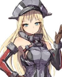 Rule 34 | 1girl, alchera, anchor, armor, bismarck (kancolle), blonde hair, blue eyes, breastplate, brown gloves, detached sleeves, gloves, hat, kantai collection, long hair, looking at viewer, military, military hat, military uniform, peaked cap, simple background, solo, uniform, upper body, white background