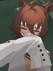 Rule 34 | 1girl, agnes tachyon (umamusume), ahoge, animal ears, blush, brown hair, chemical structure, coat, commentary request, covering own mouth, earrings, green background, hair between eyes, highres, horse ears, horse girl, jewelry, lab coat, looking at viewer, open clothes, open coat, quraqura nemii, red eyes, short hair, simple background, single earring, sleeves past fingers, sleeves past wrists, solo, sweater vest, umamusume, upper body, very long sleeves, white coat, yellow sweater vest