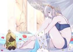 Rule 34 | 1girl, anastasia (fate), barefoot, bed, blue bra, blue eyes, blue panties, blush, bra, brown hairband, unworn cloak, column, commentary request, doll, fate/grand order, fate (series), flower, hairband, highres, jewelry, light blush, long hair, looking at viewer, looking to the side, necklace, on bed, panties, petals, pillar, red flower, red rose, rose, rose petals, royal robe, silver hair, sitting, solo, takubon, underwear, underwear only