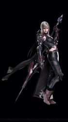 Rule 34 | 10s, 1girl, 3d, aranea highwind, armor, black armor, black background, blonde hair, breasts, cape, final fantasy, final fantasy xv, full body, heel blade, highres, lance, large breasts, official art, polearm, solo, spear, weapon