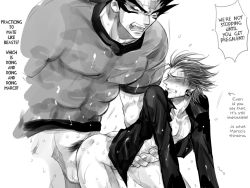 Rule 34 | 00s, 2boys, anal, ass, blush, bottomless, censored, closed eyes, earrings, erection, eyeshield 21, from behind, gaou rikiya, harikonotora, huge penis, jewelry, large insertion, long hair, male focus, male penetrated, marco reiji, monochrome, multiple boys, open clothes, open shirt, penis, shirt, size difference, sweat, tears, text focus, translated, very long hair, yaoi