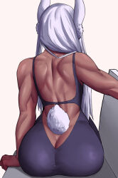 Rule 34 | 1girl, animal ears, ass, back, backless outfit, boku no hero academia, butt crack, dark-skinned female, dark skin, facing away, from behind, highres, long hair, mirko, muscular, muscular female, rabbit ears, rabbit girl, rabbit tail, shadertoons, sitting, solo, tail, toned, white hair