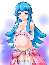 Rule 34 | 1girl, big belly, blue eyes, blue hair, breasts, bridal garter, bridal gauntlets, cleft of venus, female focus, garter straps, gloves, gradient background, happinesscharge precure!, medium breasts, navel, nipples, precure, pregnant, pussy, pussy juice, shirayuki hime, solo, standing, thighhighs, uncensored, white background, white gloves, yusaikuyoshi