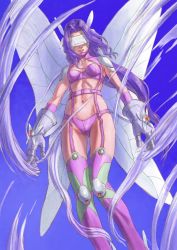 Rule 34 | 1girl, air62567297, armor, bikini, blue sky, boots, bra, breasts, cleavage, digimon, digimon (creature), digimon frontier, facepaint, fairimon, fairy, fairy wings, garter straps, gloves, groin, highres, knee pads, long hair, monster girl, navel, nose, panties, purple hair, revealing clothes, shoulder armor, sky, solo, strapless, strapless bikini, swimsuit, teeth, thigh boots, thighhighs, underwear, visor (armor), wide hips, wind, wings