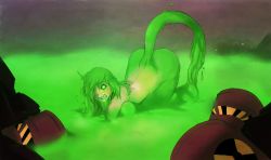 Rule 34 | 1girl, all fours, ass, bare back, bare shoulders, breasts, colored skin, corruption, drooling, female focus, glowing, glowing eyes, green eyes, green hair, green skin, hair over one eye, hanging breasts, highres, huge ass, large breasts, long hair, looking at viewer, melting, messy hair, monster girl, open mouth, original, radiation symbol, radioactive, saliva, sharp teeth, shoulder blades, slime girl, solo, tail, teeth, thighs, top-down bottom-up, transformation, wide-eyed, wide hips