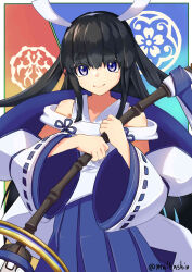 Rule 34 | 1girl, bare shoulders, black hair, detached sleeves, duel monster, highres, holding, holding stick, japanese clothes, long hair, long sleeves, meda otoko, miko, purple eyes, shinonome the vaylantz priestess, solo, stick, thick eyebrows, twitter username, wide sleeves, yu-gi-oh!