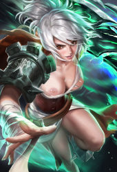 Rule 34 | 1girl, bandages, belt, breasts, brown eyes, highres, league of legends, lips, nipples, riven (league of legends), sakimichan, solo, torn clothes, white hair