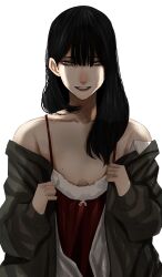 Rule 34 | 1girl, bags under eyes, bare shoulders, black hair, breasts, camisole, collarbone, green eyes, highres, hoshi san 3, lips, looking at viewer, mole, mole on breast, mole on shoulder, original, red camisole, sagging breasts, simple background, small breasts, smile, solo, undressing, upper body, white background