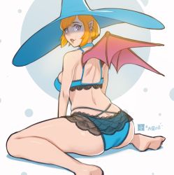 Rule 34 | 1girl, ass, aurahack, bra, breasts, earrings, from behind, hat, highres, jewelry, large breasts, lingerie, looking back, orange hair, original, panties, pointy ears, purple eyes, signature, sitting, smile, solo, underwear, wariza, wide hips, witch hat