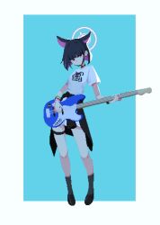 Rule 34 | 1girl, after-school sweets club (blue archive), animal ears, aqua background, bass guitar, black choker, black hair, black jacket, black mask, black shirt, black wristband, blue archive, blunt bangs, blunt ends, bob cut, border, bracelet, breasts, cat ears, choker, clothes around waist, colored inner animal ears, colored inner hair, commentary, diuippr, earrings, extra ears, fender jazz bass, full body, grey socks, halo, hashtag-only commentary, highres, holding, holding bass guitar, holding instrument, instrument, jacket, jacket around waist, jewelry, kazusa (band) (blue archive), kazusa (blue archive), looking at viewer, mask pull, multicolored hair, music, official alternate costume, outside border, pink hair, pixel art, playing instrument, red eyes, shirt, shoes, short hair, short sleeves, simple background, skirt, small breasts, socks, solo, standing, stud earrings, t-shirt, two-tone hair, white border, white shirt, white skirt