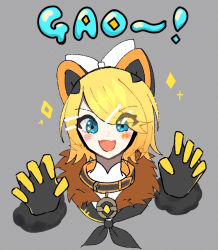 Rule 34 | 1girl, animal ears, black gloves, black neckerchief, blonde hair, blue eyes, blush, bow, claw pose, collar, cropped arms, cropped shoulders, eyes visible through hair, fang, fur-trimmed gloves, fur collar, fur trim, gloves, grey background, hair bow, hands up, kagamine rin, lion ears, lion girl, looking at viewer, magical mirai (vocaloid), magical mirai rin, magical mirai rin (2019), mechanical ears, monitaros 393, neckerchief, open mouth, parted bangs, portrait, short hair, simple background, skin fang, solo, two-tone gloves, vocaloid, white bow, yellow gloves