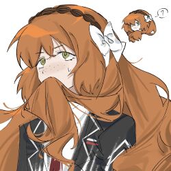 Rule 34 | 1girl, black jacket, bow, brown hairband, chibi, chibi inset, collared shirt, freckles, green eyes, hair bow, hairband, highres, humian0101, ishmael (project moon), jacket, limbus company, long hair, multiple views, necktie, orange hair, project moon, red necktie, rope, shirt, sidelocks, simple background, sweat, very long hair, white background, white bow, white shirt, wing collar