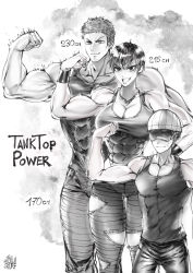 Rule 34 | 1girl, 2boys, abs, biceps, breasts, brother and sister, cleavage, denim, flexing, goggles, goggles on eyes, grin, height chart, helmet, highres, jeans, jewelry, large breasts, multiple boys, mumen rider, muscular, muscular female, necklace, one-punch man, pants, pectorals, short hair, siblings, smile, sweat, tank top, tanktop girl, tanktop master, the golden smurf, thighs, torn clothes, torn legwear