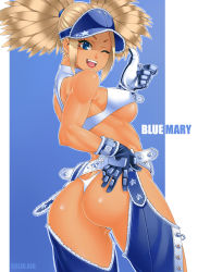 Rule 34 | 1girl, alternate costume, alternate hairstyle, ass, belt, blonde hair, blue eyes, blue mary, breasts, chaps, covered erect nipples, fatal fury, from behind, gloves, highres, huge ass, kof: maximum impact, large breasts, looking back, maximum impact ii, one eye closed, panties, short hair, smile, snk, solo, tan, the king of fighters, thong, thumbs up, twintails, underwear, visor cap, wink, zonda (solid air)