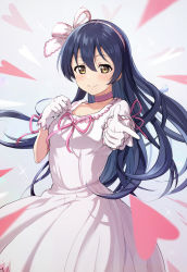 Rule 34 | 1girl, artist name, artist request, blue hair, blush, bow, breasts, brown eyes, choker, collarbone, curly hair, dress, female focus, gloves, hair between eyes, hairband, highres, long hair, looking at viewer, love live!, love live! school idol festival, love live! school idol project, miniskirt, parted lips, pink bow, pink choker, pink hairband, pink ribbon, plaid, plaid dress, plaid skirt, pleated, pleated dress, pleated skirt, pointing, pointing at viewer, puffy short sleeves, puffy sleeves, ribbon, short sleeves, skirt, smile, solo, sonoda umi, sparkle, white bow, white dress, white gloves, white hairband, white skirt, yellow eyes