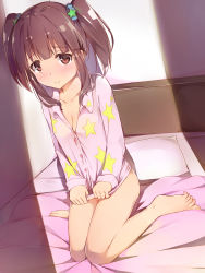 Rule 34 | 10s, 1girl, absurdres, barefoot, bed, blush, bottomless, breasts, brown eyes, brown hair, cleavage, commentary request, covering privates, covering crotch, feet, highres, idolmaster, idolmaster cinderella girls, kneeling, looking at viewer, naked shirt, no panties, ogata chieri, pajamas, pillow, print pajamas, seneto, shirt, shirt tug, short hair, sitting, small breasts, solo, star (symbol), star print, twintails