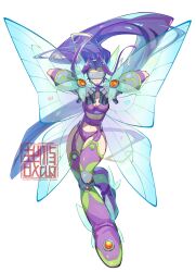 Rule 34 | 1girl, ankle wings, boots, bra, breasts, butterfly wings, cleavage, covered eyes, digimon, digimon (creature), facial mark, fairimon, fairy wings, full body, head-mounted display, head wings, highres, insect wings, long hair, medium breasts, navel, panties, purple bra, purple footwear, purple hair, purple panties, revealing clothes, simple background, solo, thigh boots, underwear, white background, wings, wrist wings, youzaiyouzai112
