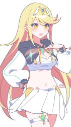 Rule 34 | 1girl, alternate costume, blonde hair, breasts, chest jewel, highres, kotohatoko510, large breasts, long hair, miniskirt, mythra (xenoblade), navel, simple background, skirt, solo, swept bangs, very long hair, white background, yellow eyes