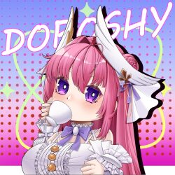 Rule 34 | 1girl, blush, breasts, character name, cup, detached sleeves, dorothy (nikke), dress, frilled dress, frills, goddess of victory: nikke, hair bun, hair ribbon, headgear, holding, holding cup, large breasts, long hair, looking at viewer, pink hair, purple eyes, purple ribbon, ribbon, solo, teacup, white dress, yelingyan520