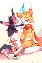 Rule 34 | 1boy, 1girl, :3, ancesra, animal ear fluff, animal ears, animal feet, animal hands, animal nose, artist name, bandaged arm, bandages, bandana, barefoot, between legs, black bandana, blue eyes, blush, body fur, breasts, cat ears, cat girl, cat tail, circlet, claws, clenched teeth, closed mouth, completely nude, cropped, feathers, from behind, furry, furry female, furry male, furry with furry, girl on top, gradient background, hand between legs, happy, hetero, highres, looking at another, looking down, navel, nipples, nude, patreon logo, patreon username, purple eyes, red scarf, scarf, sex, simple background, sitting, small breasts, smile, snout, split mouth, stomach, tail, tail ornament, tail ring, teeth, the great warrior wall, two-tone fur, watermark, web address, white background, white fur, wolf boy, wolf ears, wolf tail, xiao ye (the great warrior wall), ye qing xi yue, yellow fur